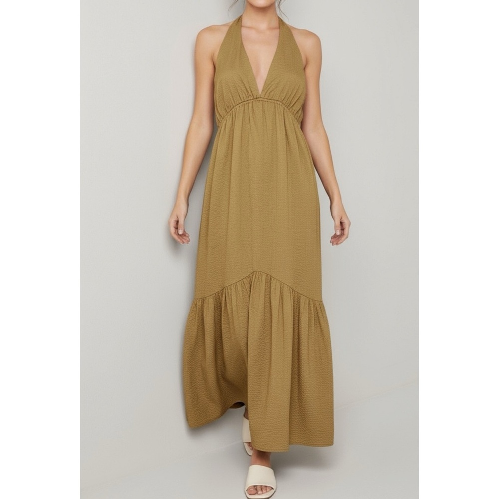 MARYSIA Backless Seashell Embellished Seersucker Halterneck Dress,Caramel, Large